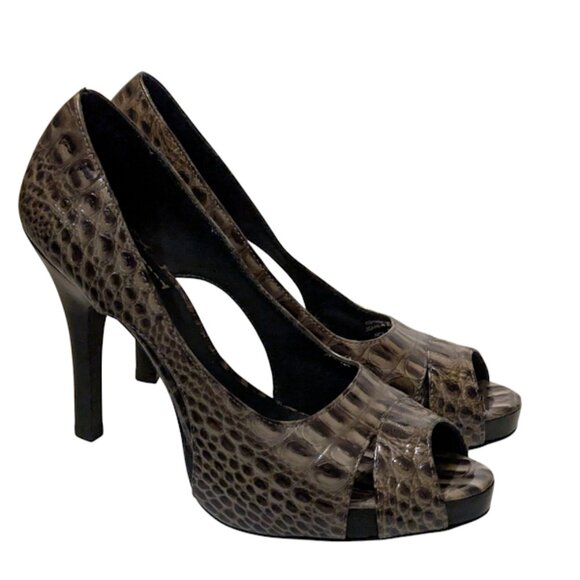 J Vincent Faux Croc All Leather Platform Pump Peep Toe Stiletto Heels Size 9.5 - Picture 3 of 7